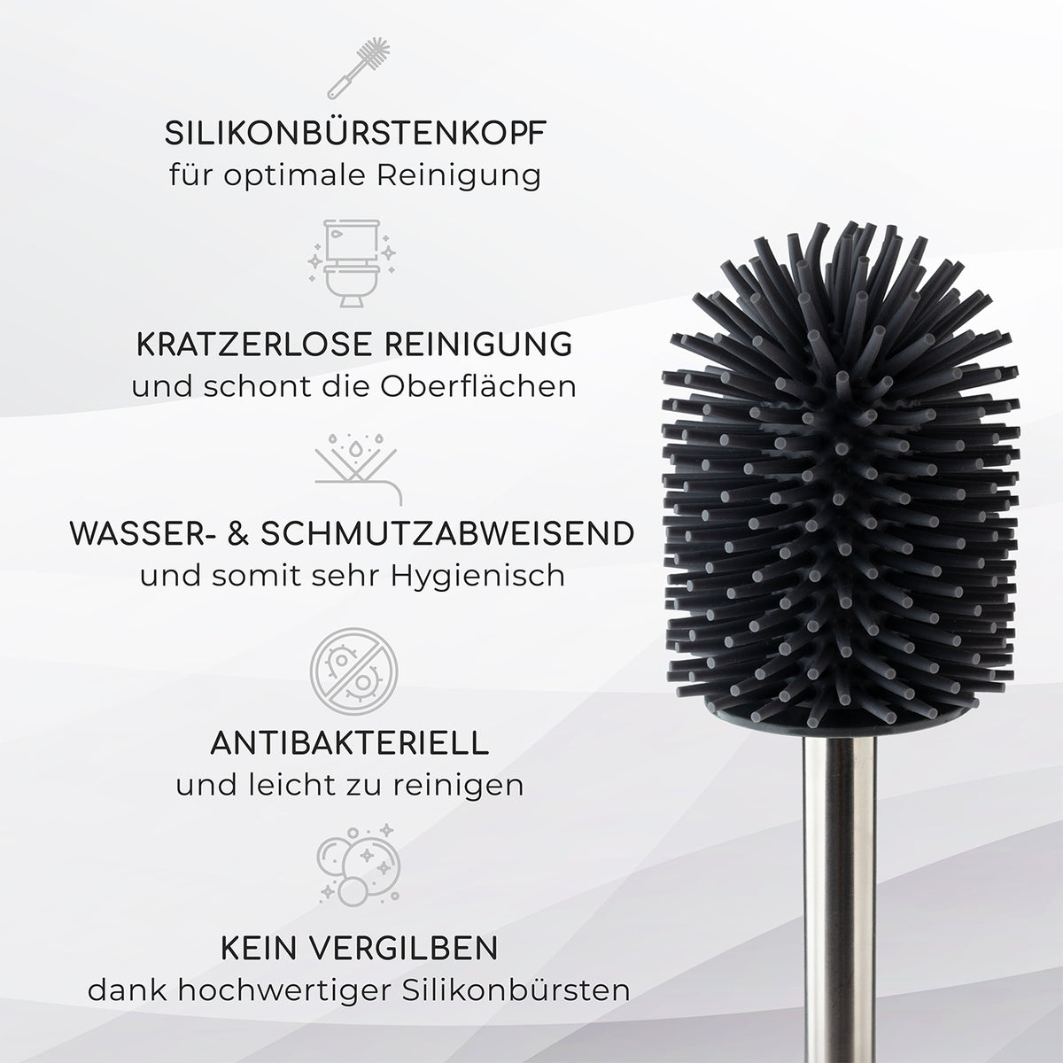 WC Bürste aus Silikon mit Edelstahl Halter - schwarz mit antibakteriellem, kratzlosem Silikonbürstenkopf für hygienische Reinigung.