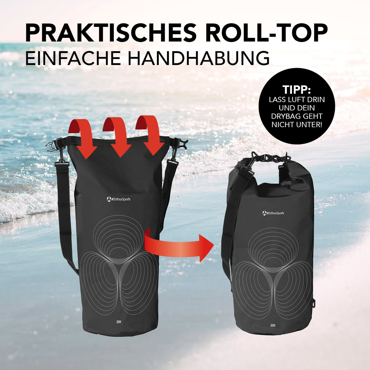 Dry Bag 20L - Schwarz mit praktischem Rolltop-Verschluss für einfache, wasserdichte Handhabung bei Outdoor-Abenteuern.