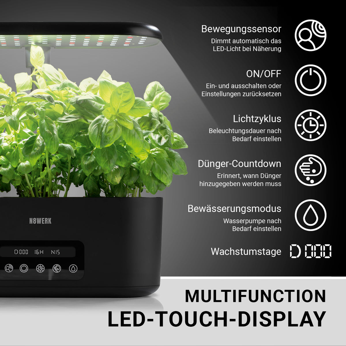 Hydroponische Pflanzenanzuchtstation mit Display + Ersatz-Set 56-tlg. mit LED-Touch-Display, automatischer Bewässerung und Düngercountdown.