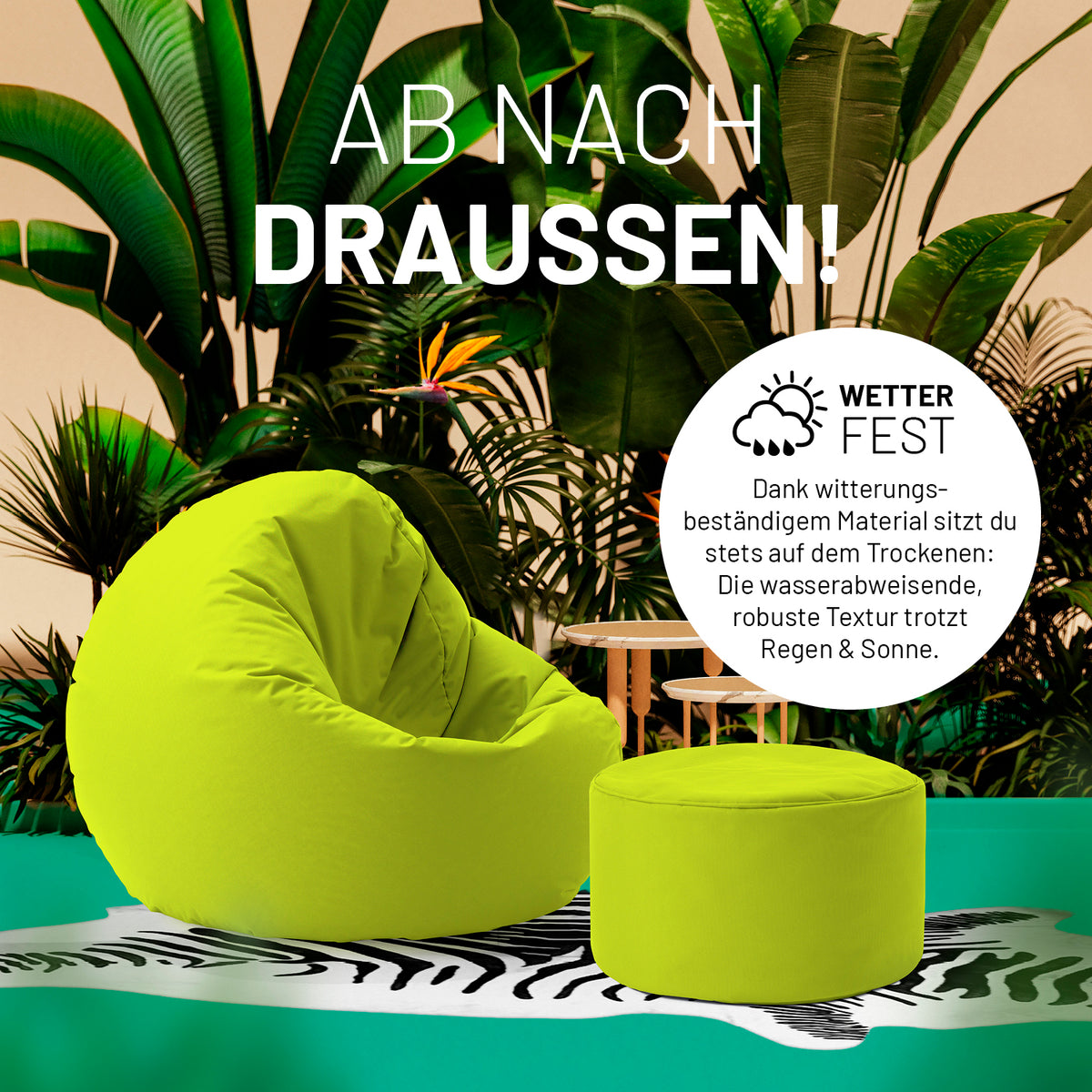 Sitzsack-Hocker/Pouf (50 L) Apfelgrün, wetterfest, wasserabweisend, robust für indoor & outdoor, leicht, mit verdecktem Reißverschluss.