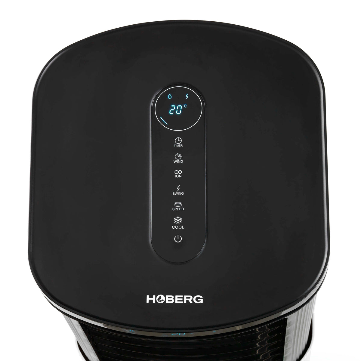 Luftkühler mit Peltier-Element von Hoberg mit LED-Touch-Display, Timer, Schlafmodus, 4 Geschwindigkeitsstufen und Schwenkfunktion.