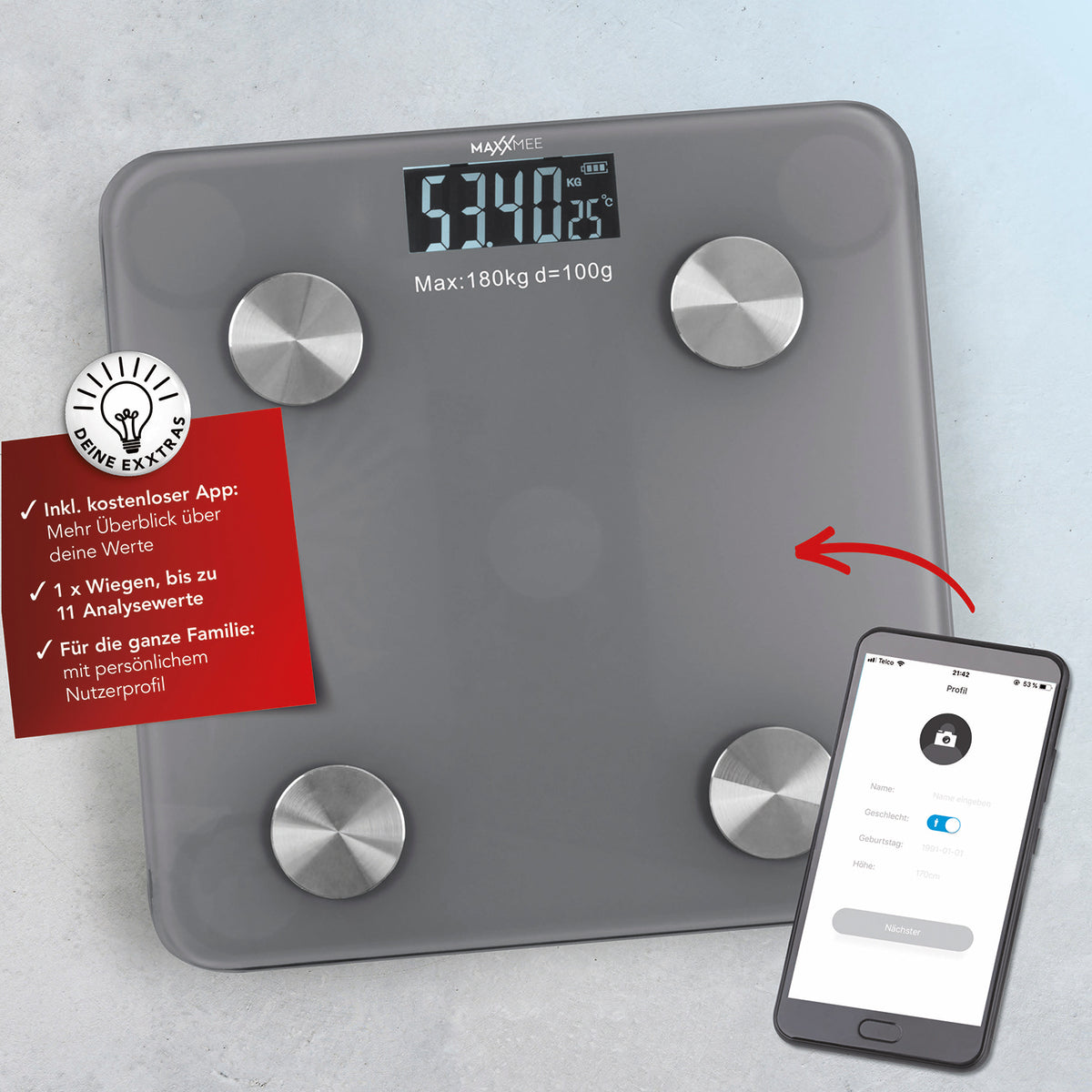 Personen-Waage Körperanalyse mit Bluetooth & App - graue digitale Waage mit Körperfett- und BMI-Messung, App-Verbindung für Nutzerprofile.
