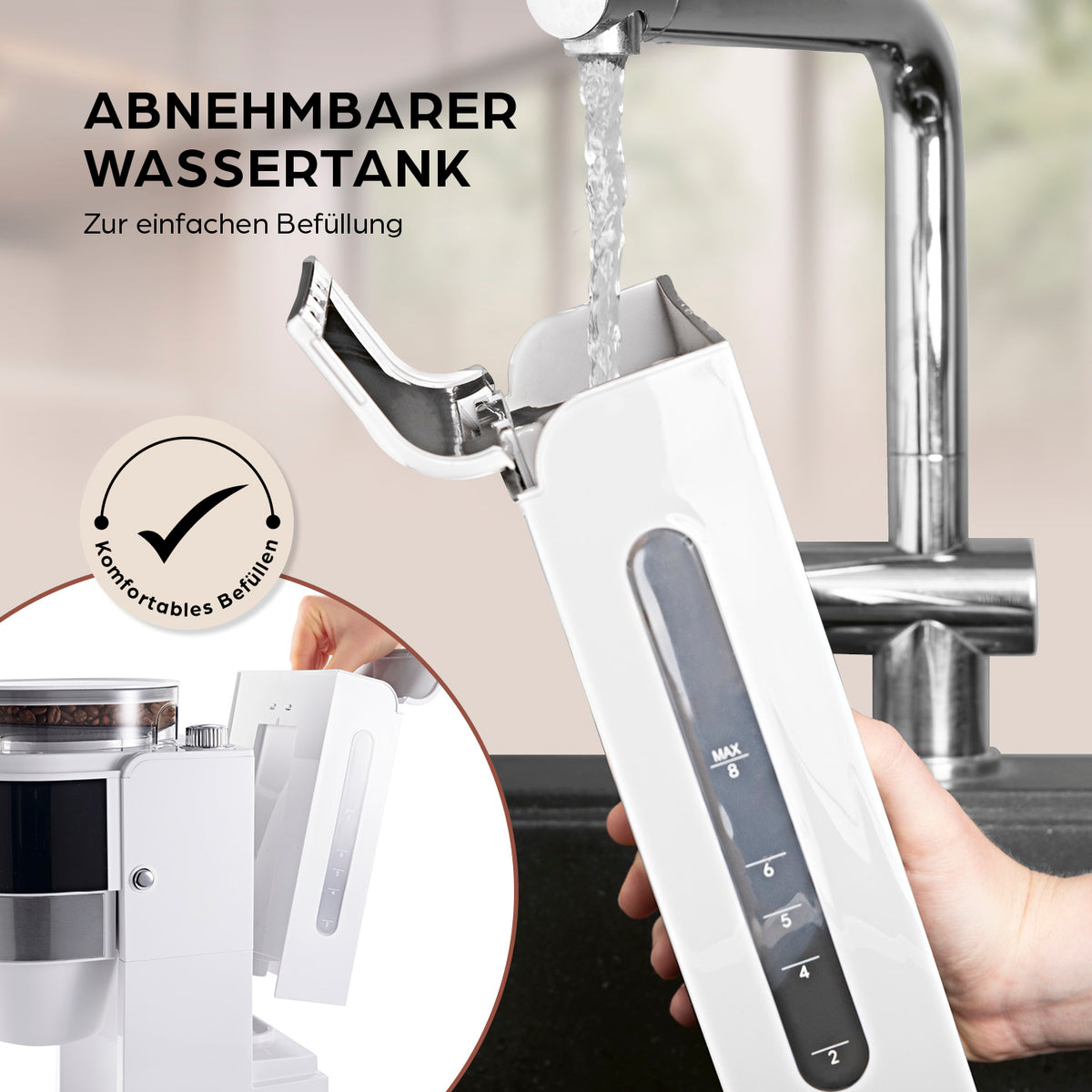 Filterkaffeemaschine Touch Iso mit Mahlwerk - Weiß mit abnehmbarem Wassertank für einfaches Befüllen und komfortablen Kaffeegenuss.