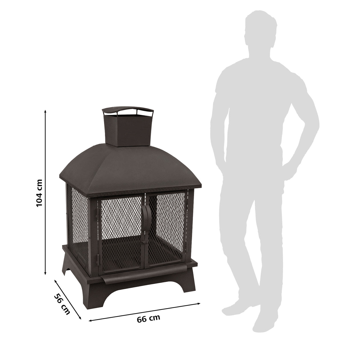 Feuerkorb FP-I-660 - 66 cm - schwarz, stabiler Feuerkorb mit Gitternetz, Doppeltüren und Schornstein für Rauchableitung.