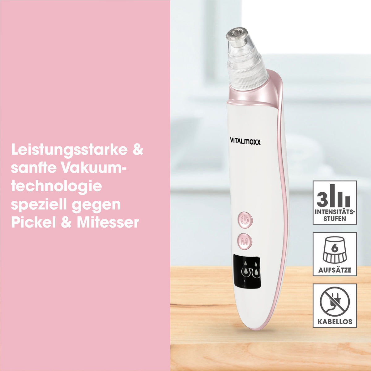 Porenreiniger Professional 6in1 - weiß mit Vakuumtechnologie, 3 Intensitätsstufen und 6 Aufsätzen gegen Pickel und Mitesser.