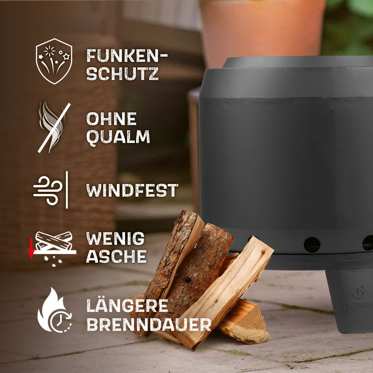 Raucharmer Feuerkorb Ø 50 cm - rund - schwarz mit Funkenschutz, windfest, langer Brenndauer und wenig Asche von LANDMANN.