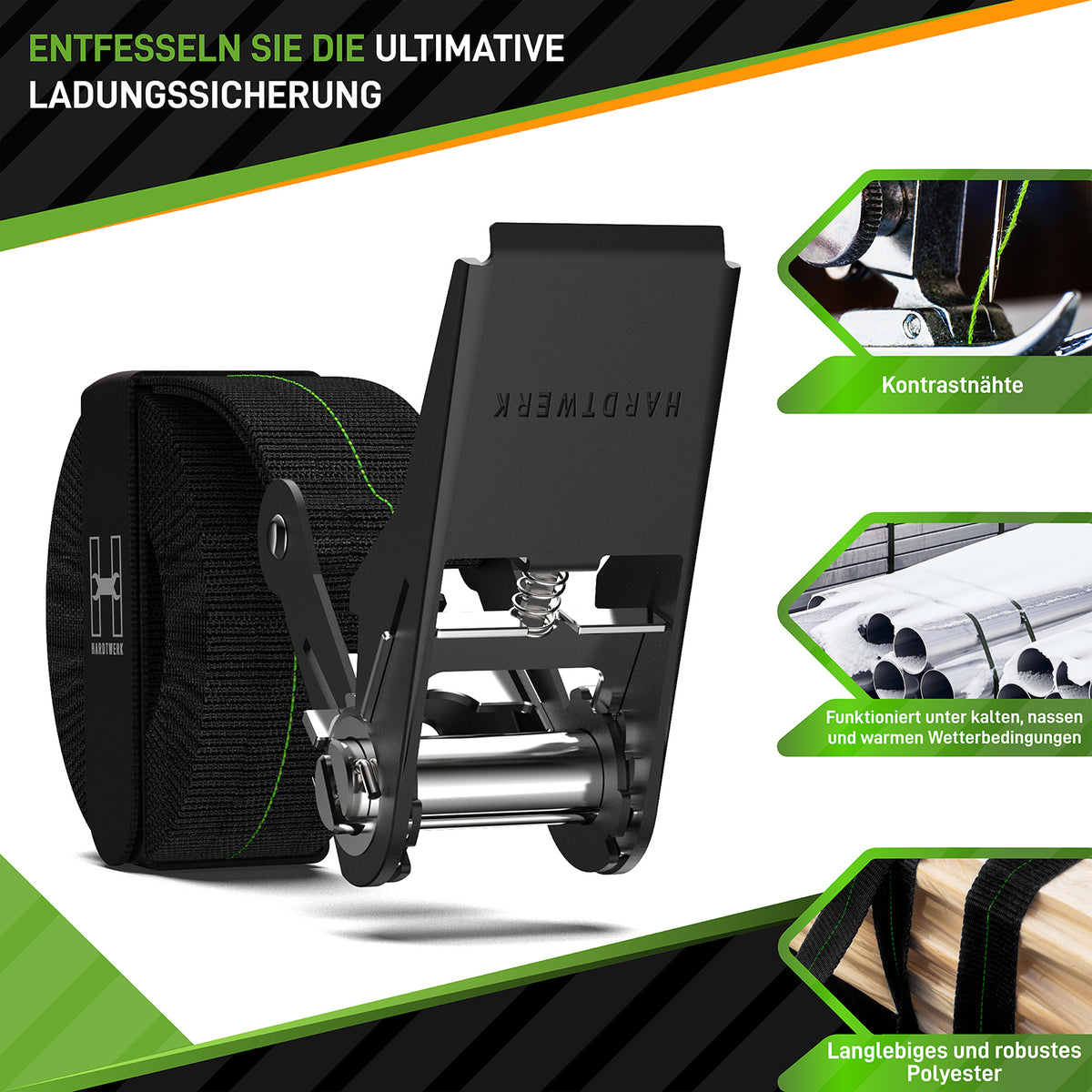 Spanngurte mit Ratschen - 4er-Set - Schwarz aus robustem Polyester mit starkem Stahlratschenmechanismus und 6m Länge für Ladungssicherung.