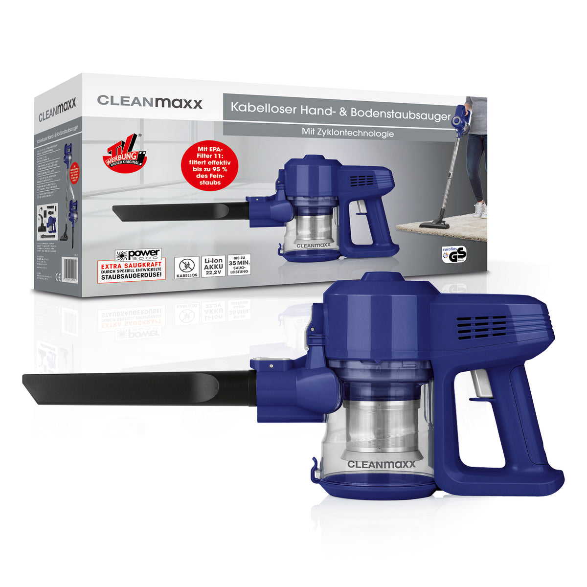 Akku-Zyklon-Staubsauger - blau/silber, kabelloser Hand- und Bodenstaubsauger mit Zyklontechnologie und Fugendüse.