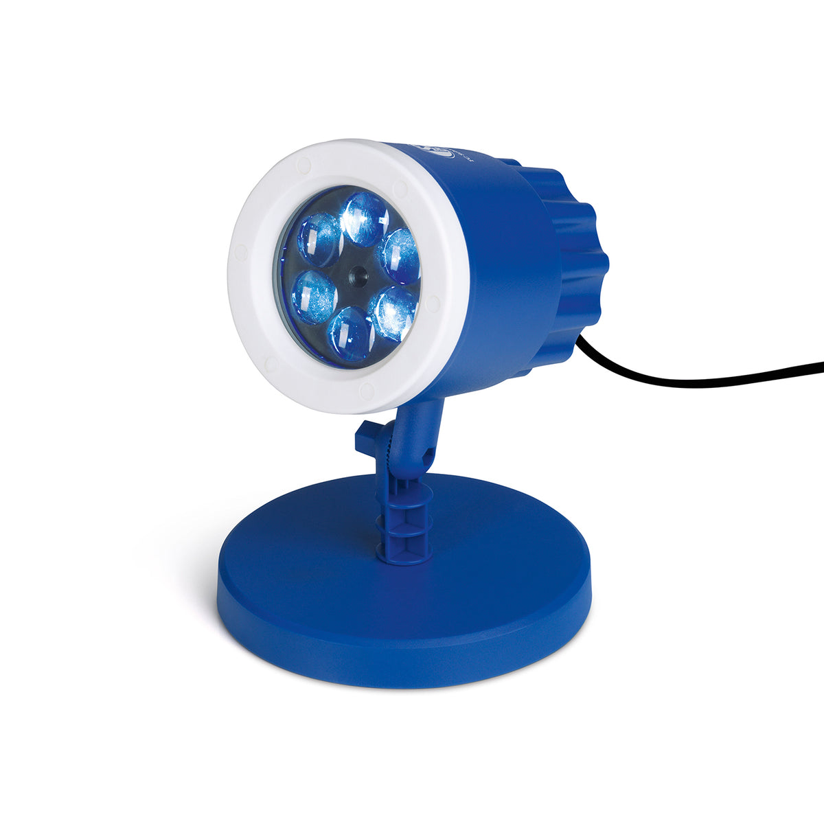 LED-Motivstrahler FC Schalke 05blau/weiß mit Logo, rotierend, wetterbeständig, für Außenbereich, mit Erdspieß und Indoor-Sockel.