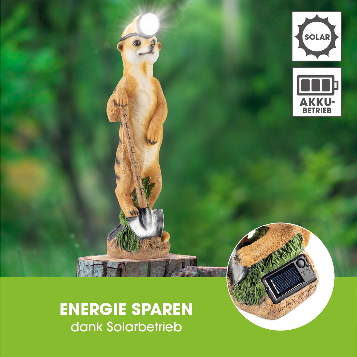 Solarleuchte Erdmännchen als Bergarbeiter mit LED-Kopflampe, Solarbetrieb, An-/Ausschalter und Willkommensgruß auf Schaufelstiel.