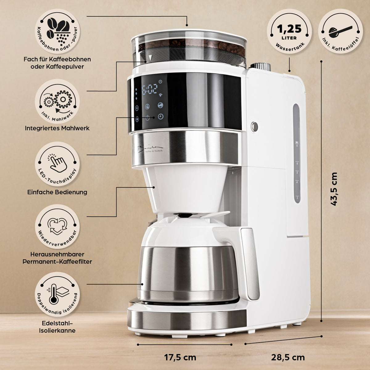 Filterkaffeemaschine Touch Iso mit Mahlwerk - Weiß, mit integriertem Mahlwerk, LED-Touchdisplay, Timer, 1,25 l Wassertank und Edelstahl-Isolierkanne.