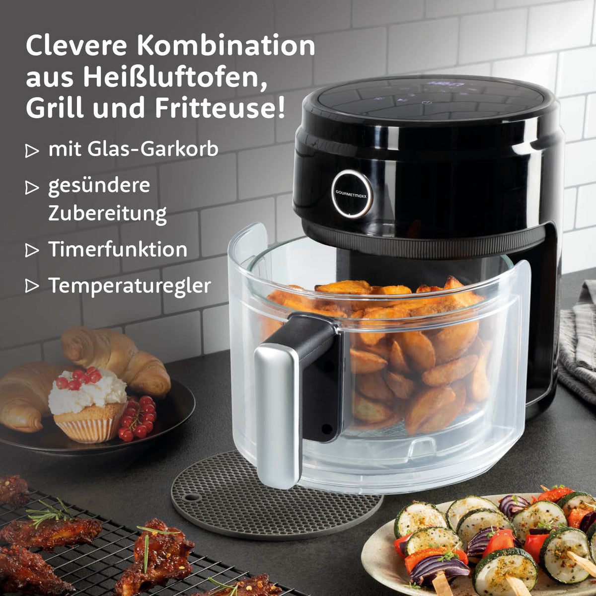 Heißluft-Fritteuse Digital mit Glas-Garkorb - 3,3 l - schwarz mit Timerfunktion und Temperaturregler für gesunde Zubereitung.