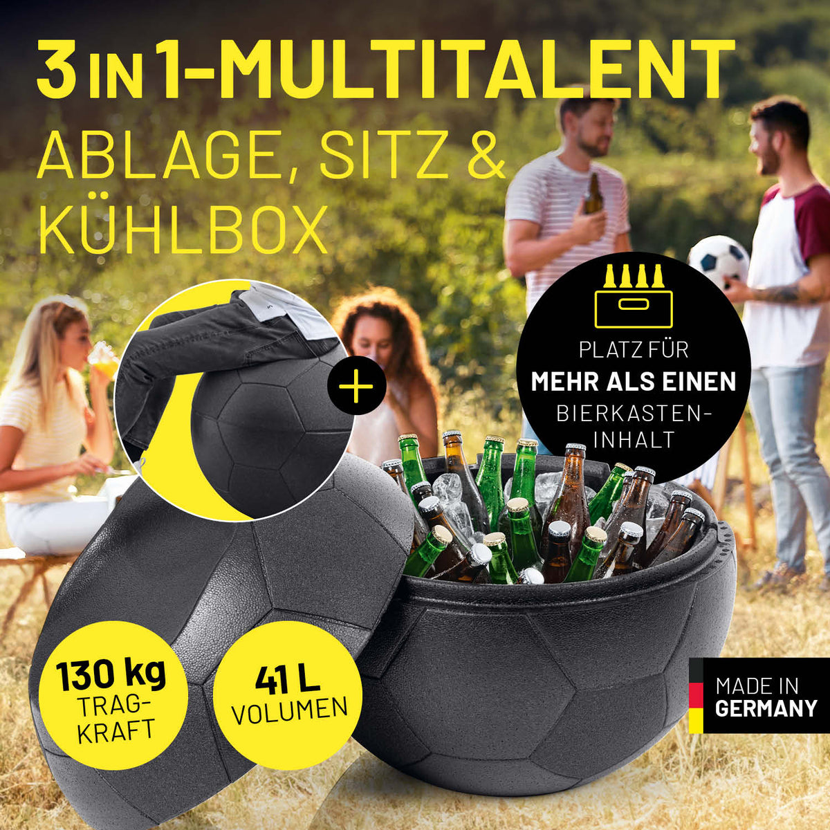 EM 2024 Fan-Lounge 2 + 1 mit 2 x XXL-Fußball-Sitzsack und Fußball-Kühlbox, 130 kg Tragkraft, 41L Volumen, Made in Germany.