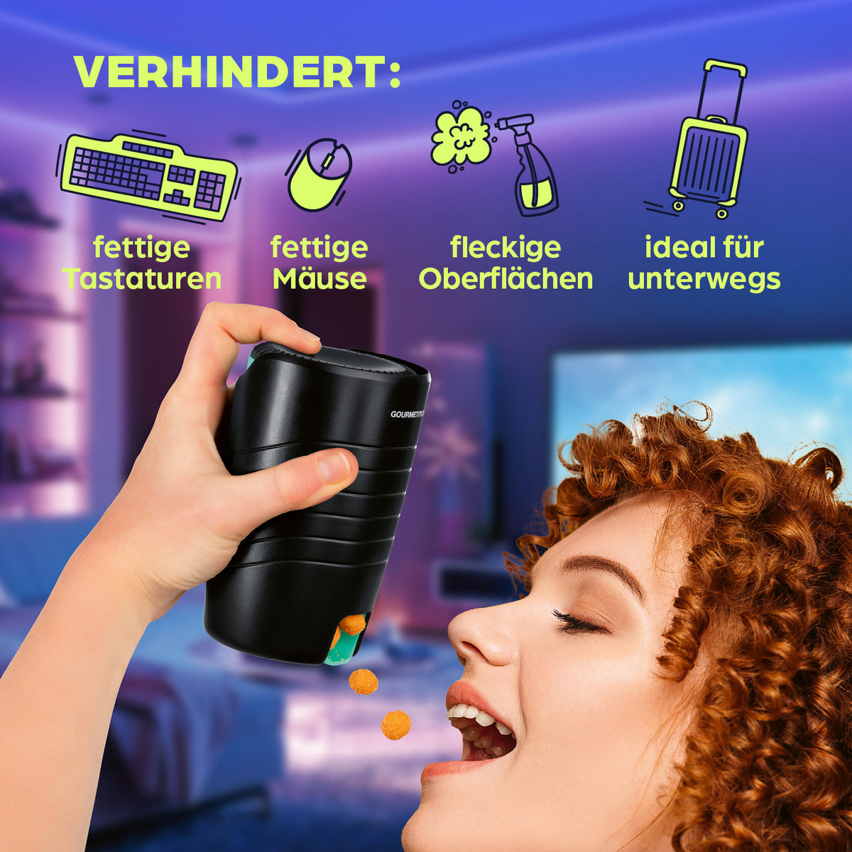 Snackspender - 2er-Set verhindert klebrige Finger und sorgt für sauberen Snackgenuss beim Gaming, Home-Office und unterwegs.
