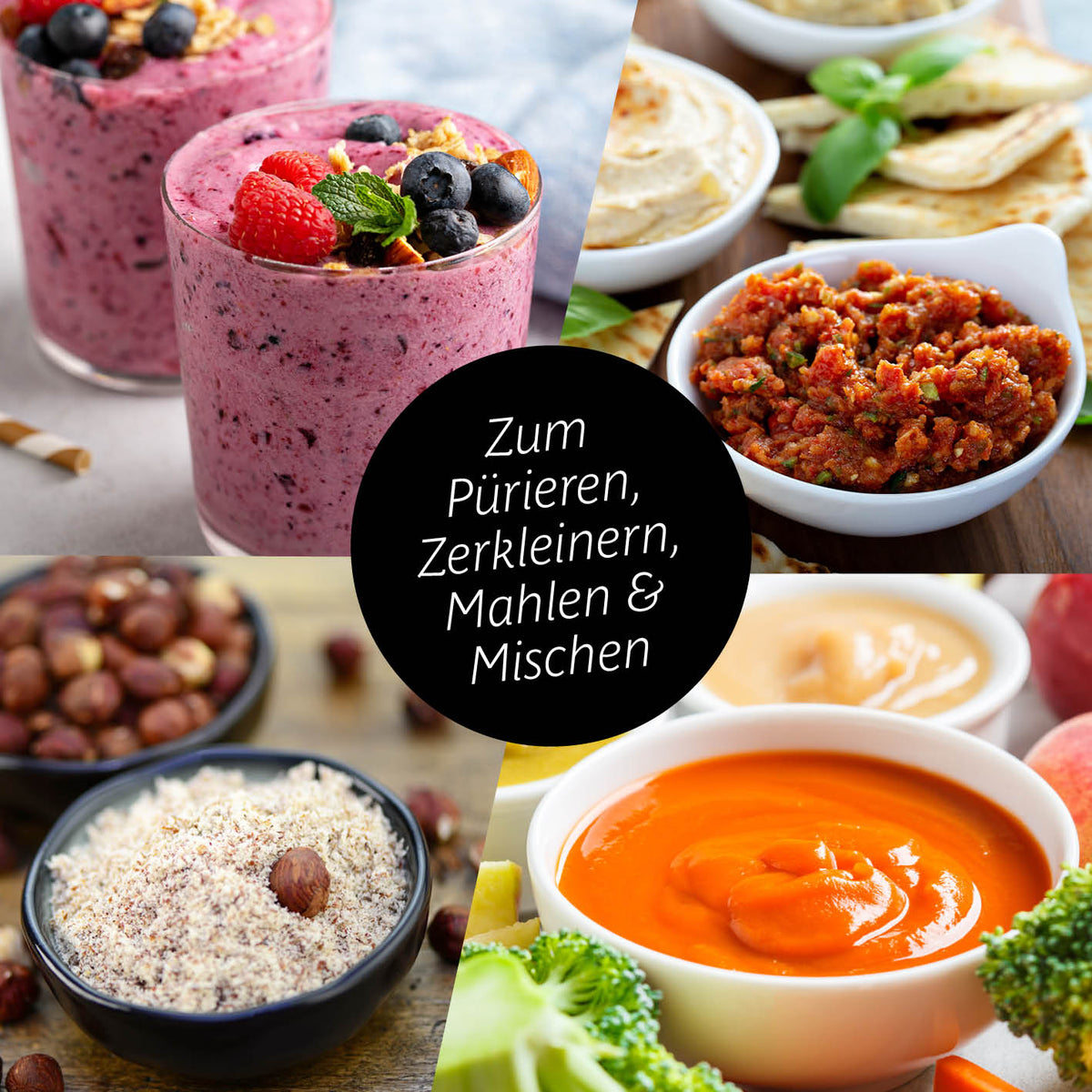 Mr. Magic Power 400 Pro mit Zubehörset L - Silber/Schwarz zeigt vielfältige Zutaten für Mixen, Pürieren und Zerkleinern.