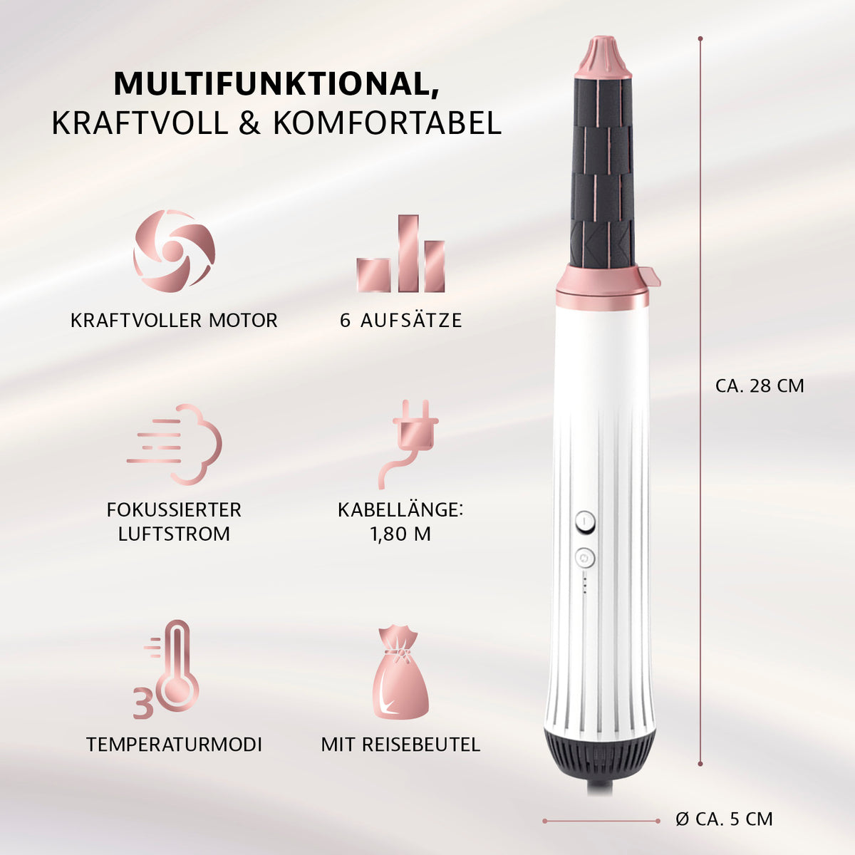 my BEAUTY STYLER - trocknen, stylen, Locken kreieren mit 6 Aufsätzen, 3 Temperaturmodi und kraftvollem Motor, ca. 28 cm lang, inkl. Reisebeutel.