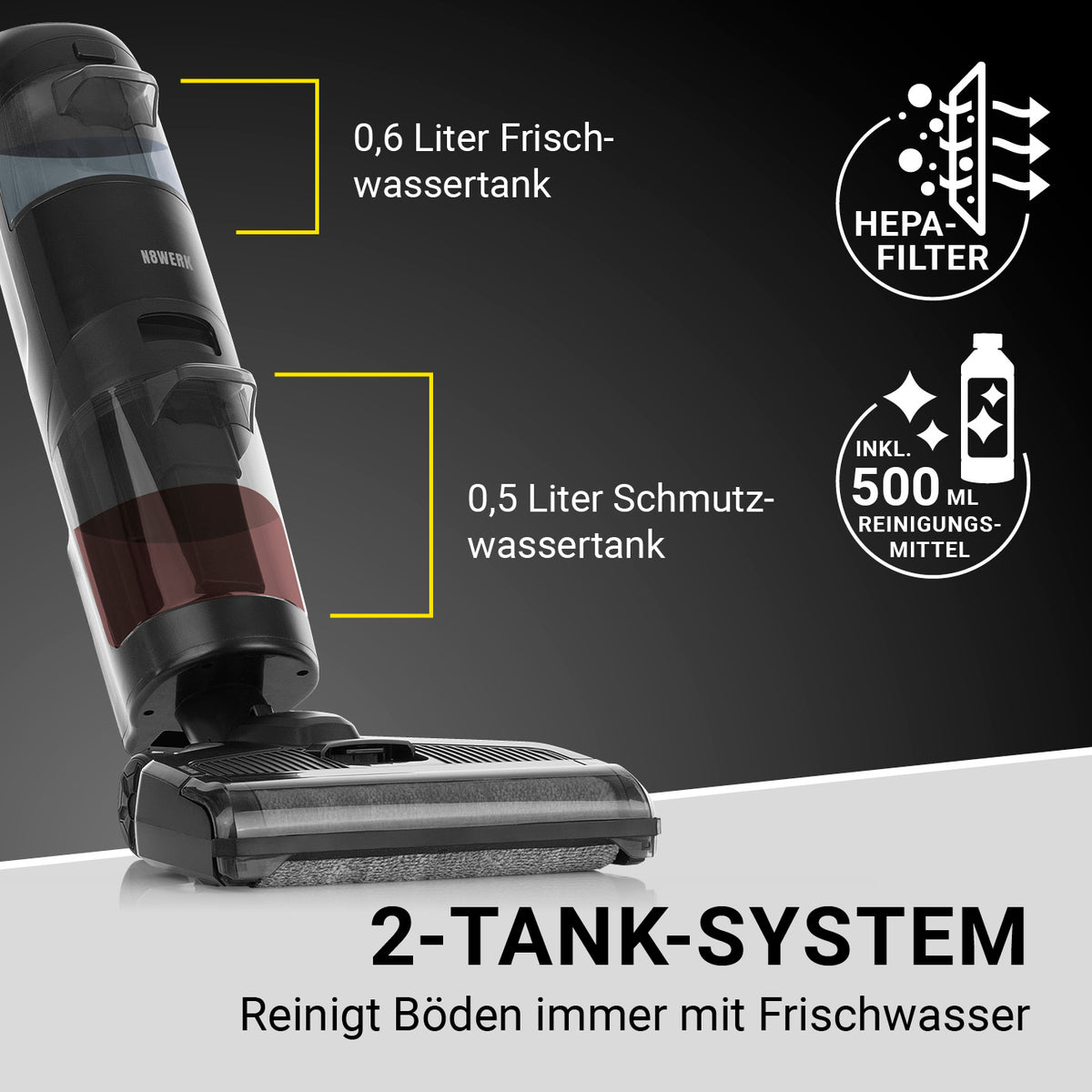 Saugwischer Smart Clean mit 2-Tank-System, 0,6 l Frischwasser und 0,5 l Schmutzwassertank für hygienische Reinigung.
