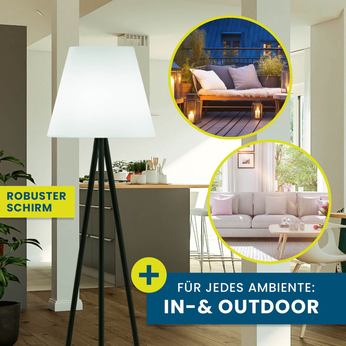 Solar-Stehlampe mit robustem Schirm, kabellos, warmweißes Licht, flexibel für In- und Outdoor und drei einstellbaren Höhen.