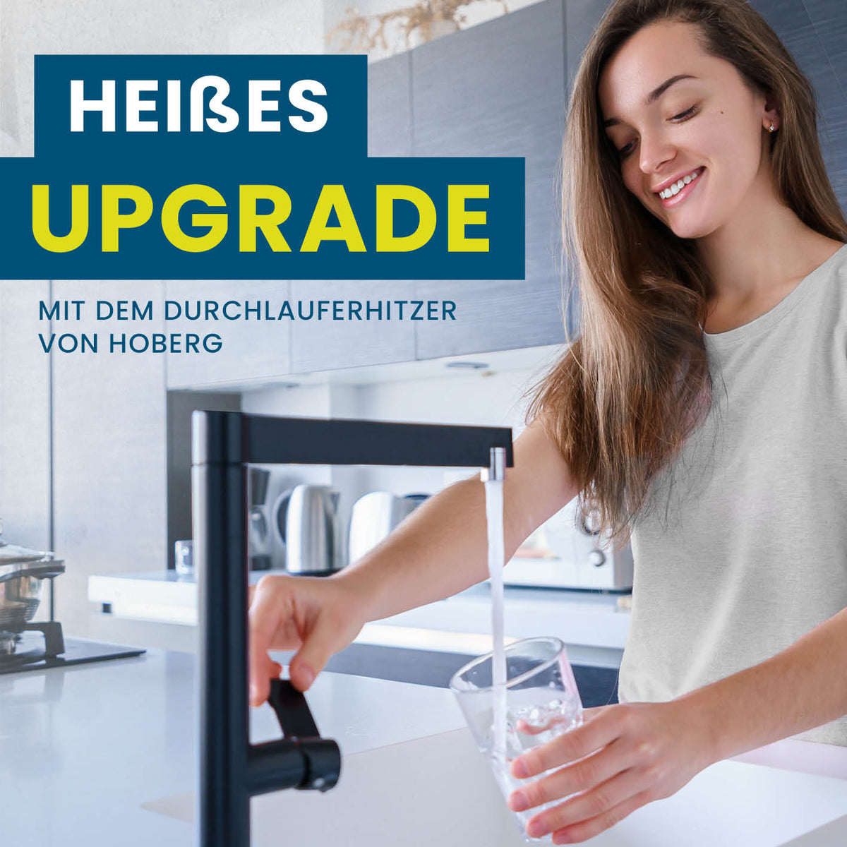 Universal-Durchlauferhitzer von HOBERG aus Edelstahl mit LED-Anzeige für schnelles warmes Wasser im Außenbereich.