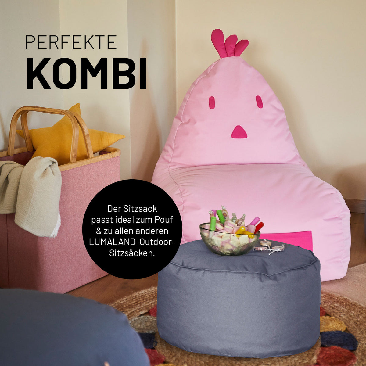 Kindersitzsack Animal Line Chick (200 L) in Stahlgrau, wasserabweisend, kuschelig und ideal für indoor & outdoor Nutzung.