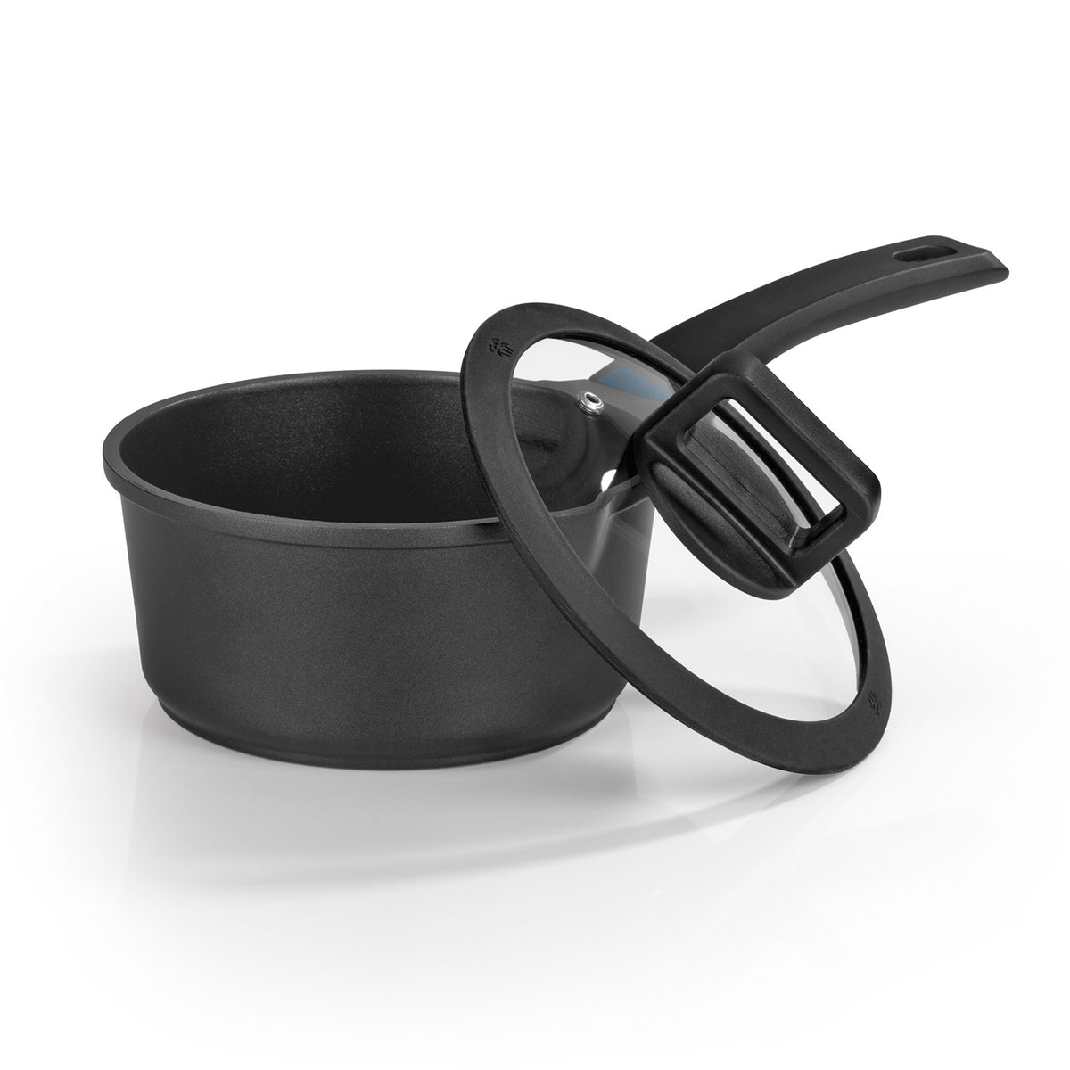 Aluguss-Stielkasserolle 18 cm - Midnight Edition mit N8WERK Heat Indicator, Ilag-Ultimate-Beschichtung und hitzebeständigem Deckel.