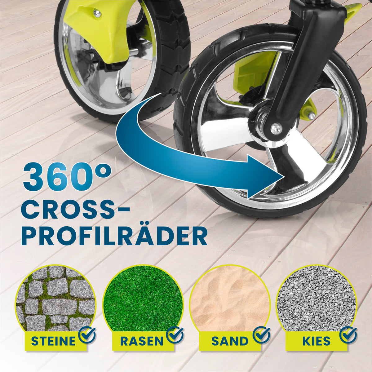 Faltbarer Bollerwagen - Grau mit 360°-Vorderrädern, geeignet für alle Untergründe wie Stein, Rasen, Sand und Kies.