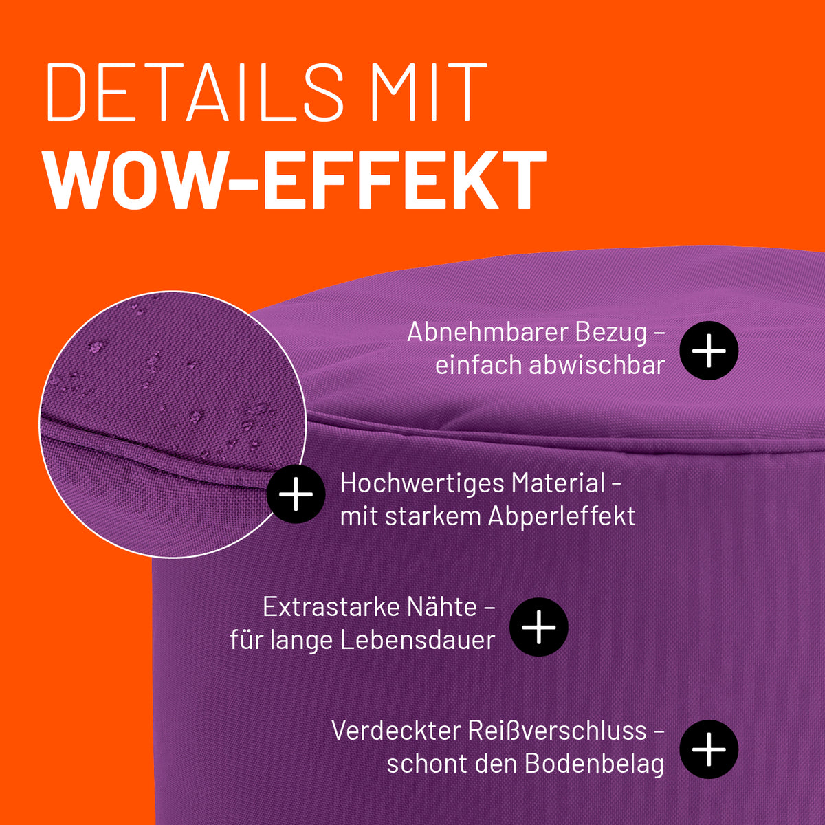 Sitzsack-Hocker/Pouf (50 L) in Lila, abnehmbarer Bezug, wasserabweisend, extrastarke Nähte, verdeckter Reißverschluss für innen und außen.