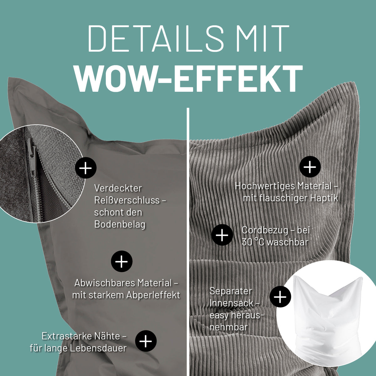 Sitzsack Classic XXL All-in-One Set - 380 L - 140 x 180 cm - Grau mit abwaschbarem Material und waschbarem Cordbezug, verstecktem Reißverschluss.