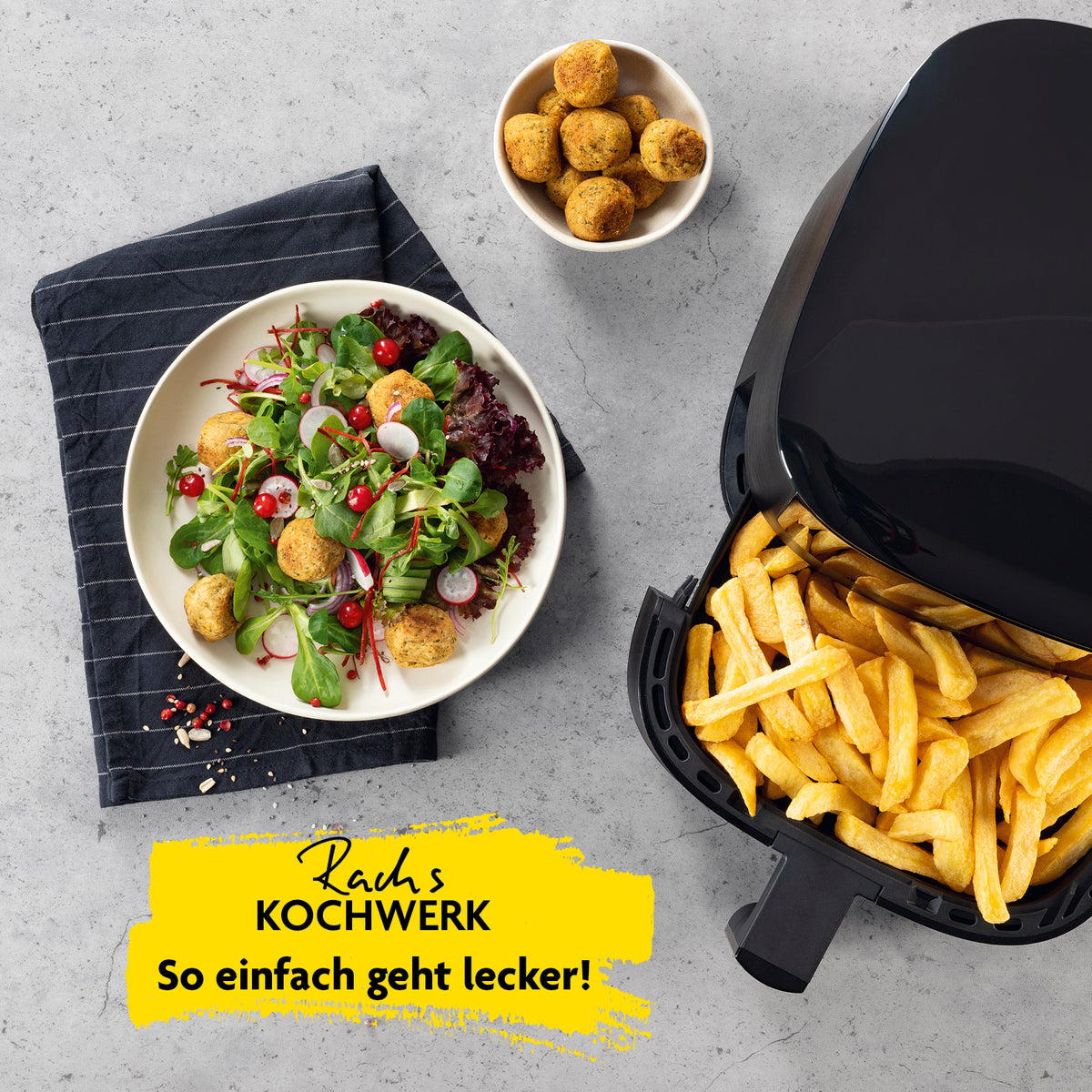 Heißluft-Fritteuse Digital 4,2l mit Pommes und Salat, 8 Programme, Erinnerungston, spülmaschinengeeigneter Frittierkorb.