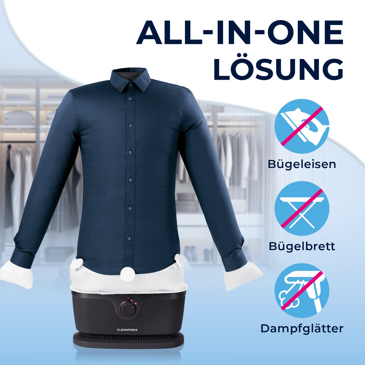 Hemdenbügler PRO - Schwarz präsentiert als All-in-One Lösung ohne Bügeleisen, Bügelbrett und Dampfglätter für faltenfreie Hemden.