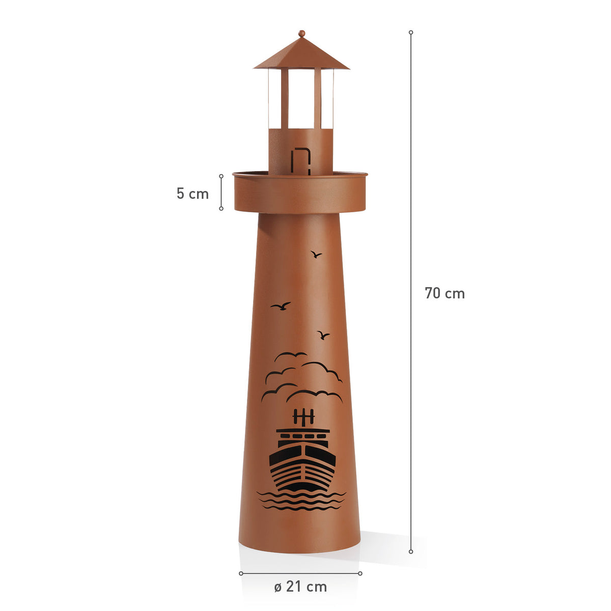 LED-Dekosäule Leuchtturm - 70 cm - braun mit maritimem Design, LED-Beleuchtung und bepflanzbarer oberer Plattform.