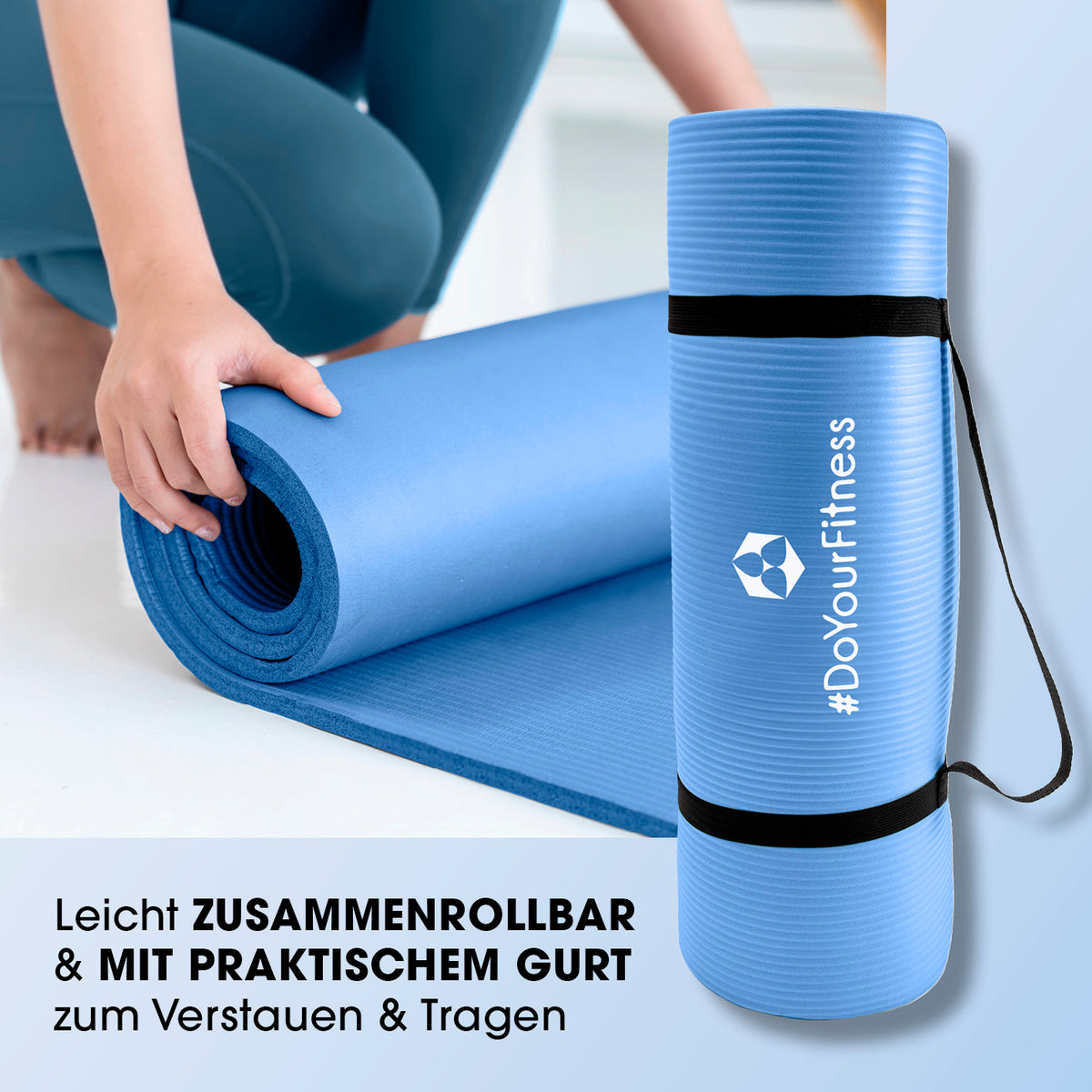 Fitness- und Gymnastikmatte - 183 x 61 x 2 cm - Blau, rutschfest, robust, zusammenrollbar mit praktischem Tragegurt, ideal für Fitness und Yoga.
