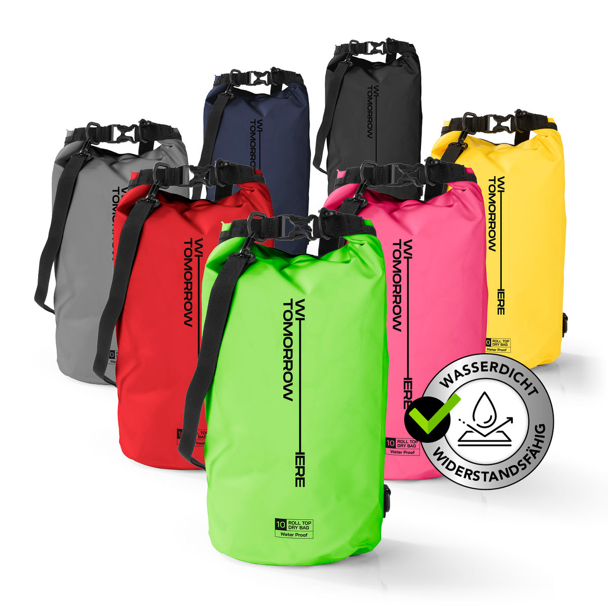 Dry Bag 10L - Style 02 - Grün wasserdichter, robuster Outdoor-Rucksack mit verstellbarem Schultergurt und Rolltop-Verschluss von WASSERDICHT WIDERSTANDSFÄHIG.