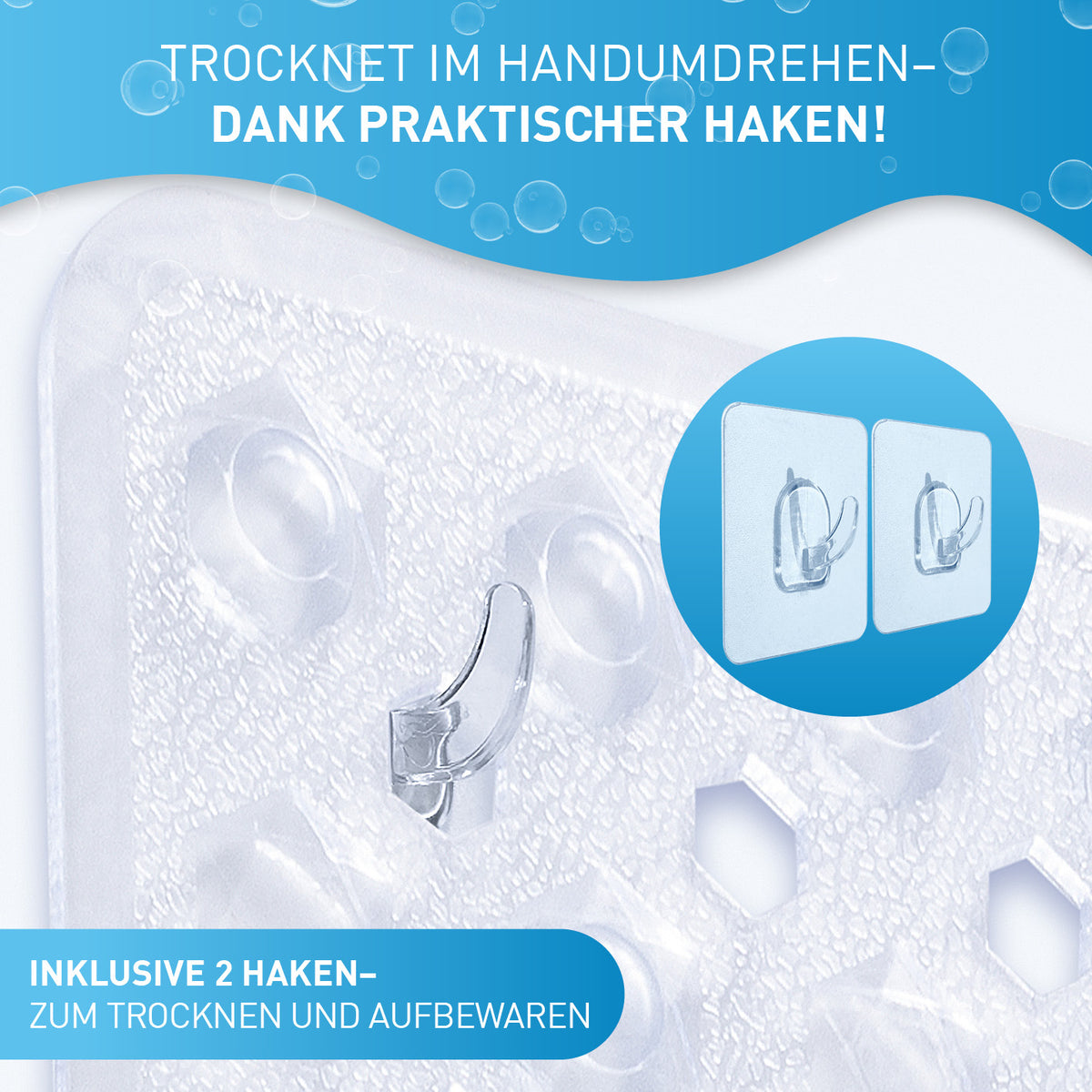 Badewannenmatte 88 x 40 cm – Transparent mit rutschfester Oberfläche, Saugnäpfen und 2 praktischen Haken zum Trocknen und Aufbewahren.