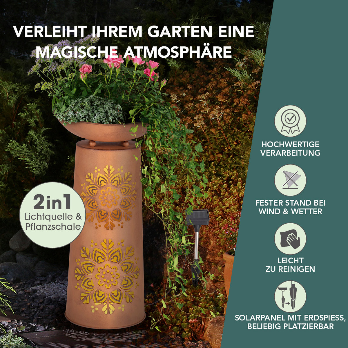LED-Dekosäule mit Pflanzschale - Rost-Optik Mandala mit Solarbeleuchtung und ausgeschnittenem Mandala-Design für Garten, Terrasse und Balkon.