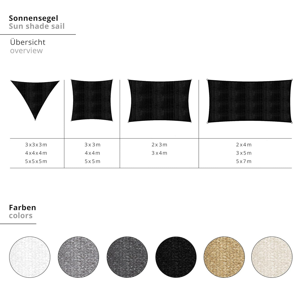 Sonnensegel 100% HDPE mit Stabilisator für UV-Schutz Quadrat 5 x 5 Meter Sand, robustes Material, praktische Befestigungsmöglichkeiten.