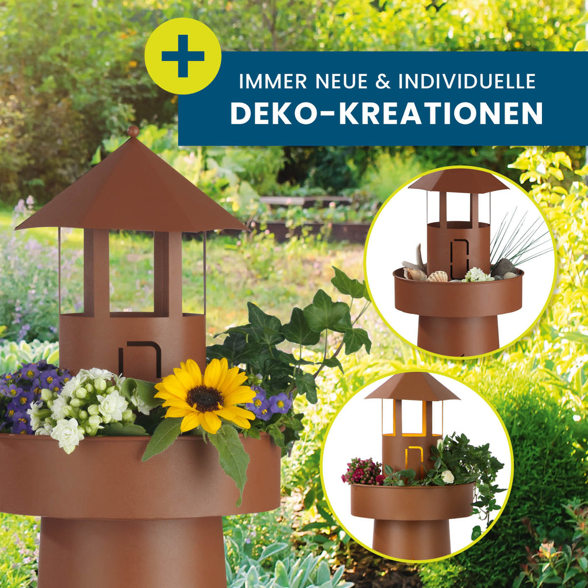 LED Deko-Leuchtturm in Rost-Optik mit LED-Beleuchtung, befüllbarer Plattform und kabellosem Batteriebetrieb für Garten und Balkon.