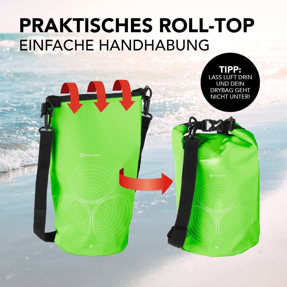 Dry Bag 5L - Grün mit wasserdichtem Rolltop-Verschluss, robust und ideal für Outdoor-Abenteuer wie Standup-Paddling und Camping.