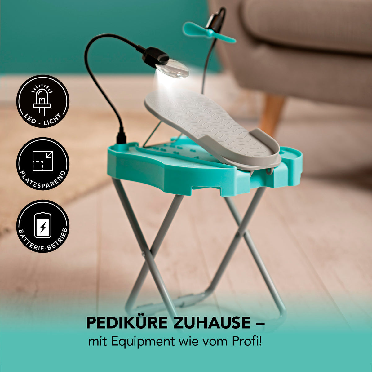 Fußstütze Pediküre Salon Step mint/weiß mit LED-Licht, verstellbarer Fußablage und USB-Trockenlüfter für professionelle Pediküre.
