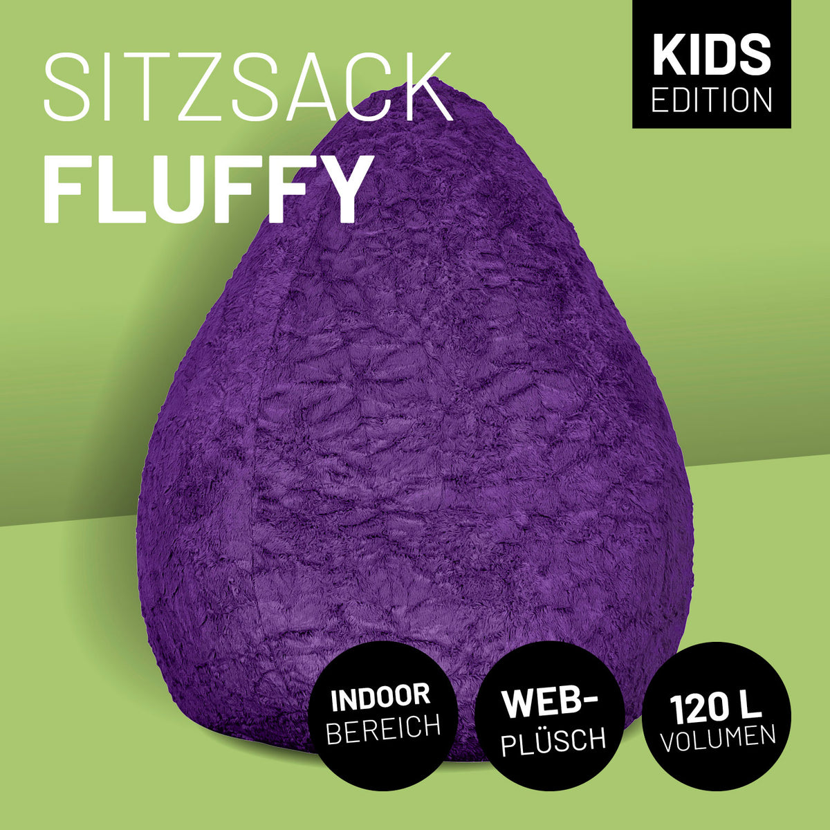 Luxury Fluffy Sitzsack (120 L) in Lila aus weichem Webplüsch, ideal für drinnen, passt sich Körperform an, robust und geruchsneutral.