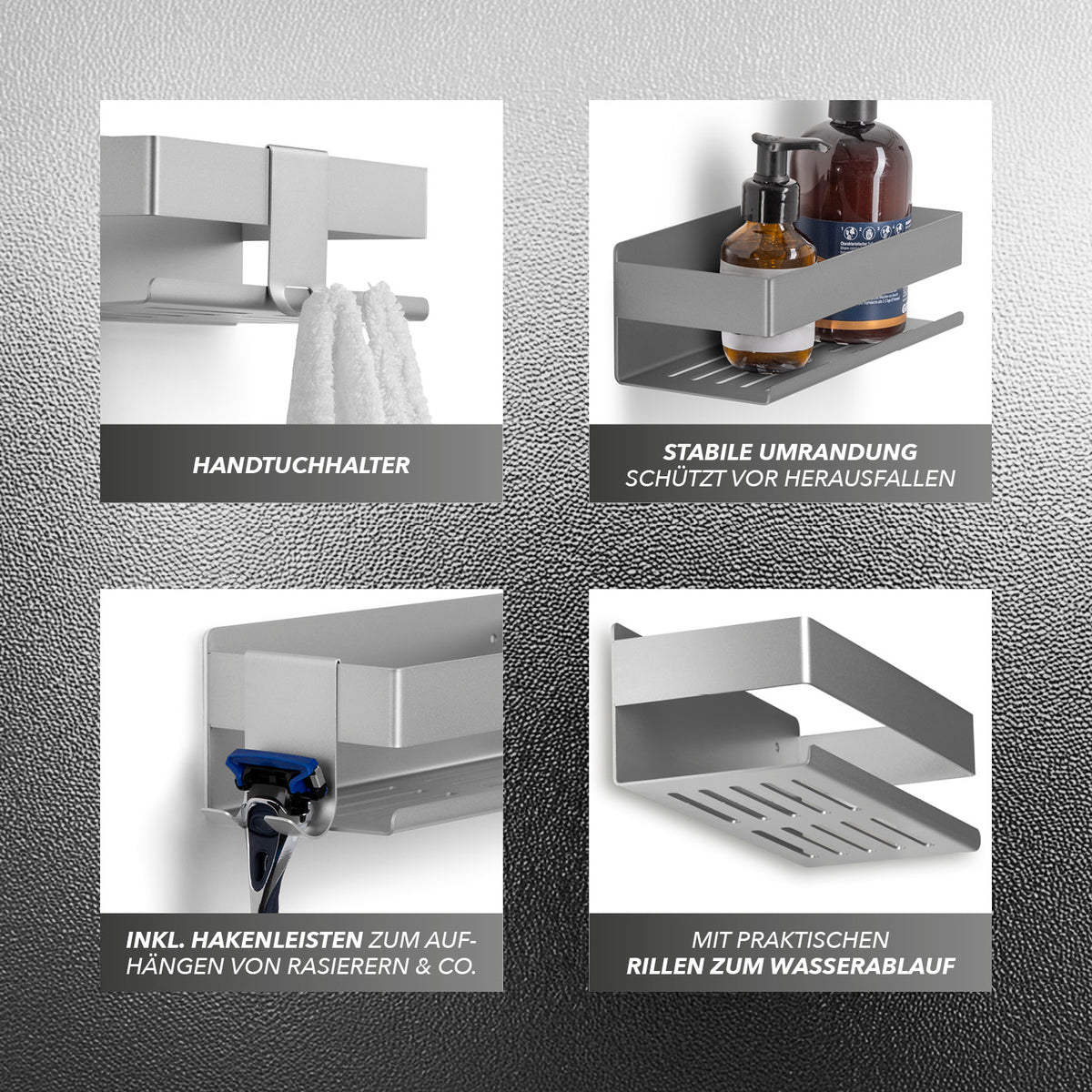 Dusch-Organizer zum Kleben oder Bohren - 2er-Set - Silber mit Handtuchhalter, Hakenleiste, stabile Umrandung und Wasserablaufrillen.