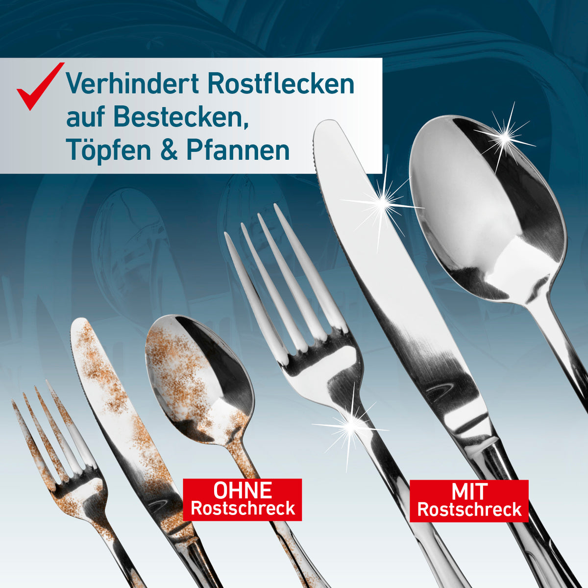 Rostschreck & Edelstahlreiniger Set 2-tlg. zeigt besteck mit und ohne Schutz vor Rostflecken, verhindert Rost auf Töpfen und Pfannen.