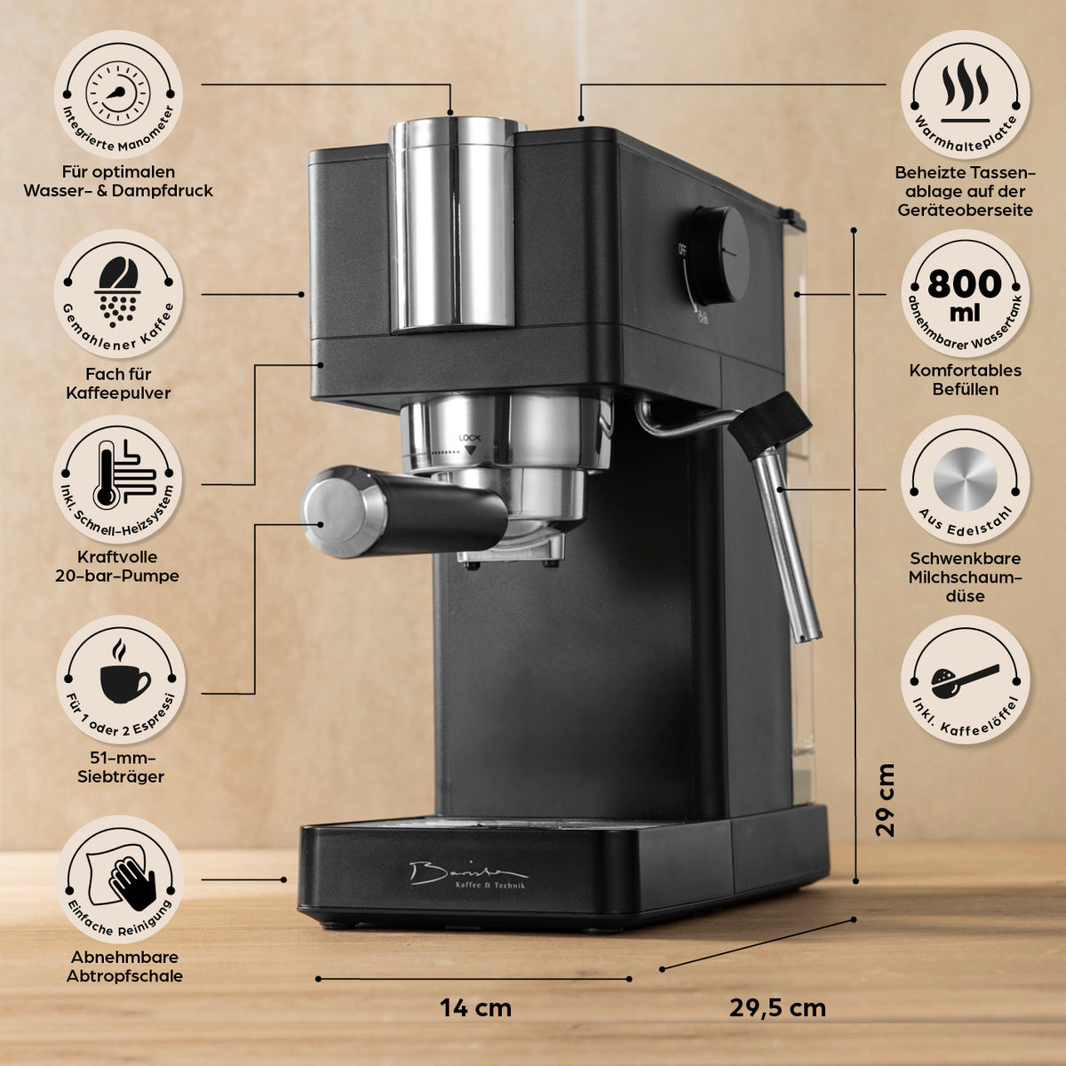 Siebträgermaschine Espresso Slim - 20 bar mit 51 mm Siebträger, Milchaufschäumer, Tassenwärmer und abnehmbarer Abtropfschale, kompakt und leistungsstark.