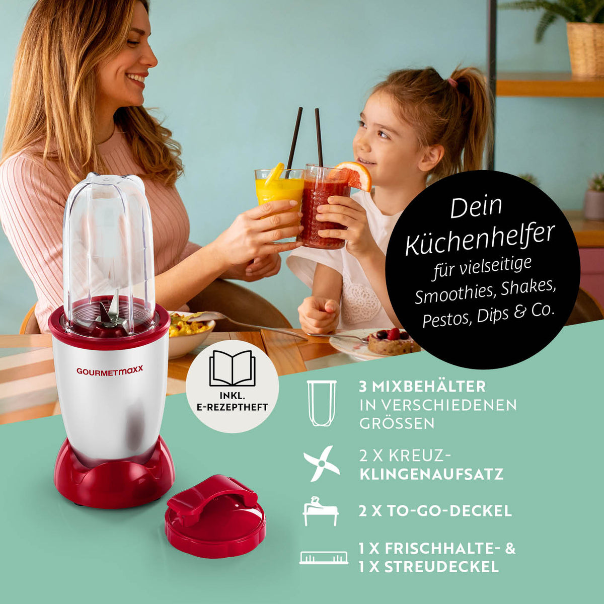 Mr. Magic Power 400 Pro mit Zubehörset L - Silber/Rot kompakter Standmixer mit 400 W Motor und vielfältigen Mixbechern für Smoothies und mehr