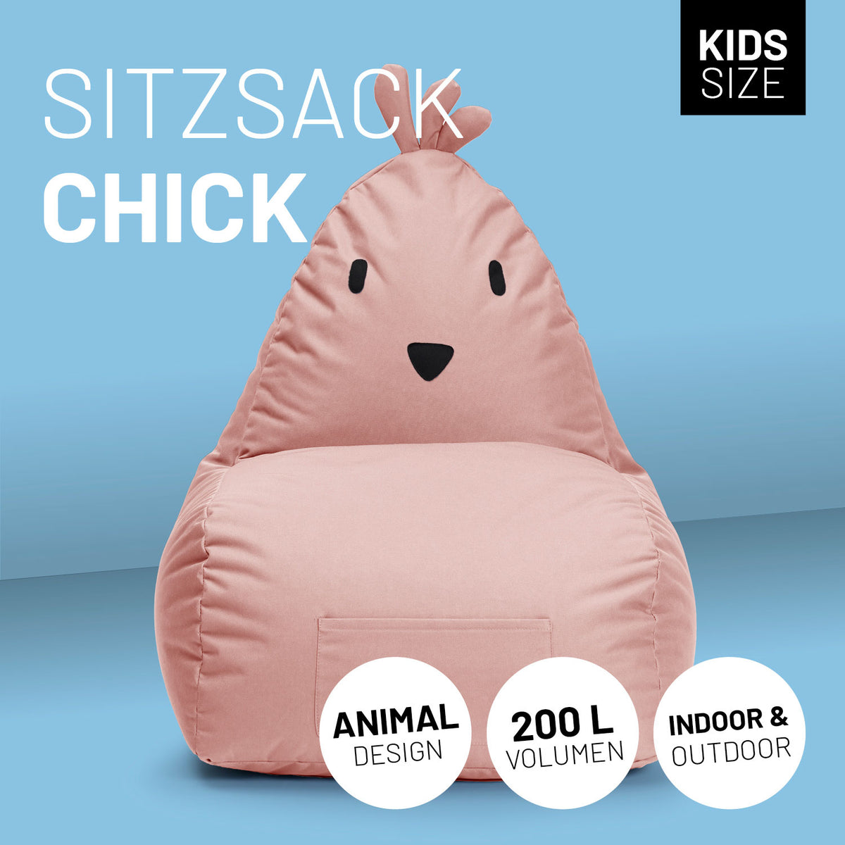 Kindersitzsack Animal Line Chick (200 L) Pastell Pink, weich, wasserabweisend, indoor & outdoor, robust und kuschelig für Kinder.