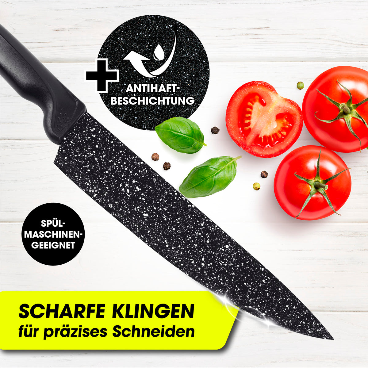 Messerset inkl. Sparschäler - 6-tlg. mit Antihaftbeschichtung und scharfen Klingen für präzises Schneiden in modernem Design.