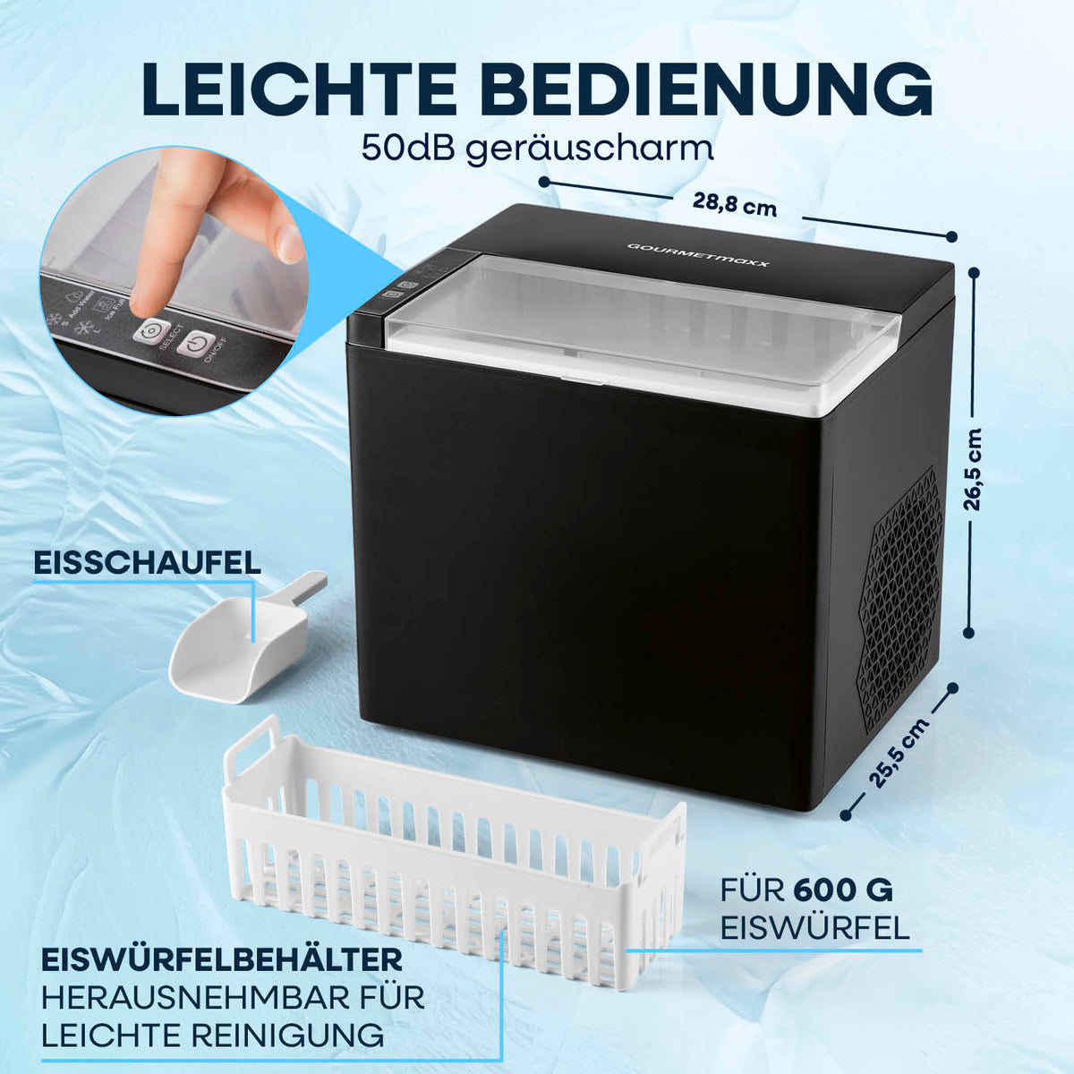 Eiswürfelmaschine inkl. Auffangbehälter & Eisschaufel, kompakt, leicht bedienbar mit 600-g-Auffangbehälter und Eisschaufel.