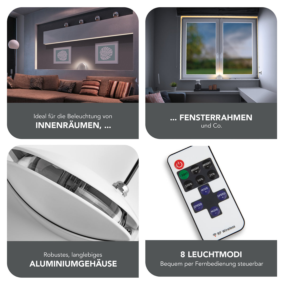 LED-Rahmen-Projektor - weiß mit warmweißer Beleuchtung, 8 Leuchtmodi, Aluminiumgehäuse, ideal für Innenräume und Fensterrahmen.