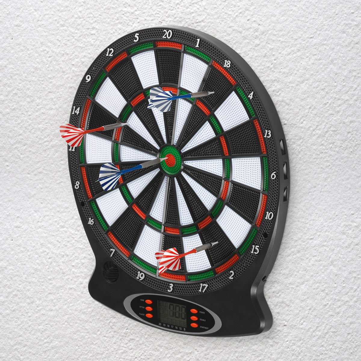 Dartscheibe mit 6 Pfeilen und 6 Ersatzspitzen + Batterien, elektrische Anzeige und Soundeffekte, 18 Spiele für 1-8 Spieler.