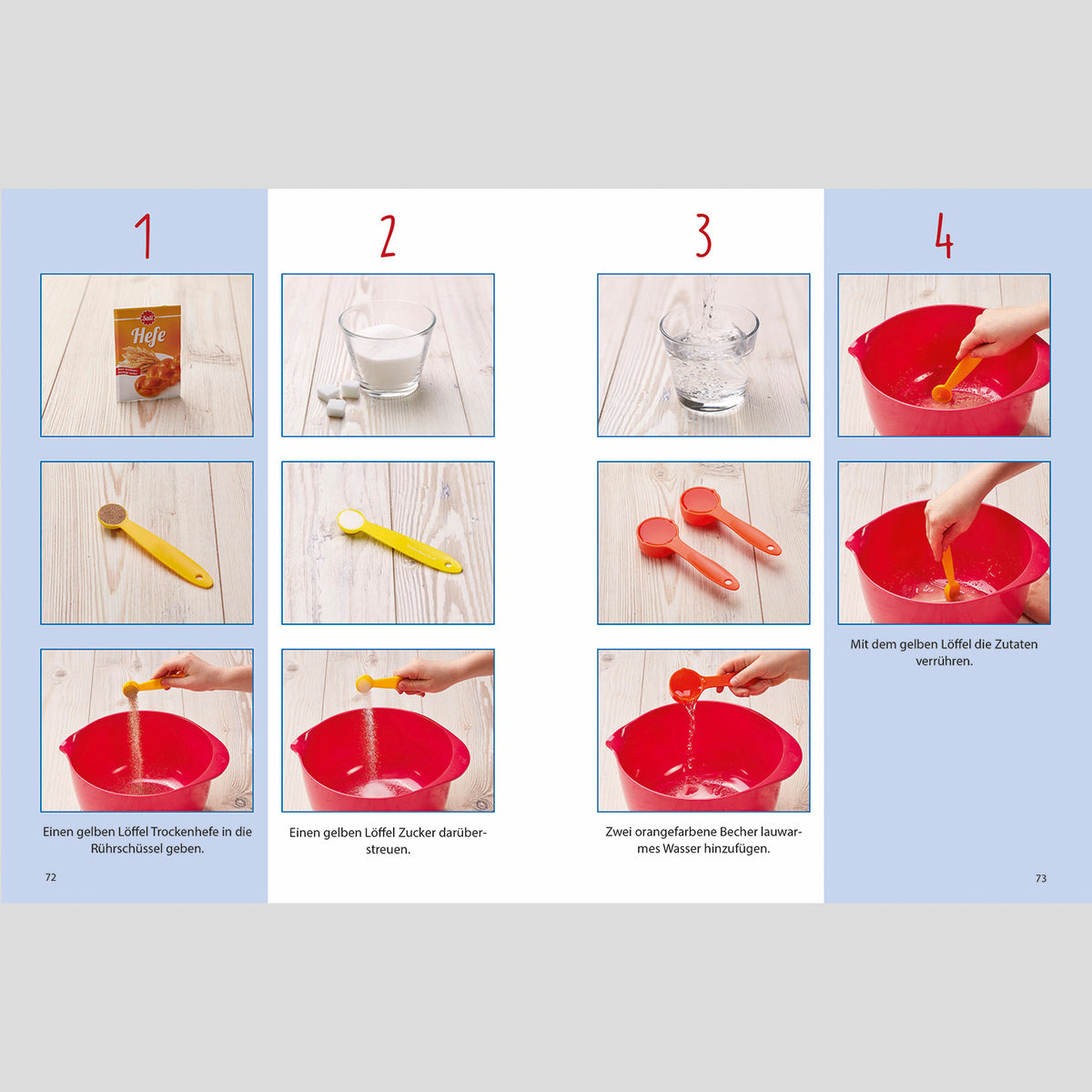 Rezeptbuch inkl. Messbecher-Set - Band 4 - Kleine Gerichte ganz groß! zeigt Schritt-für-Schritt Anleitungen mit Messbechern und Zutaten.